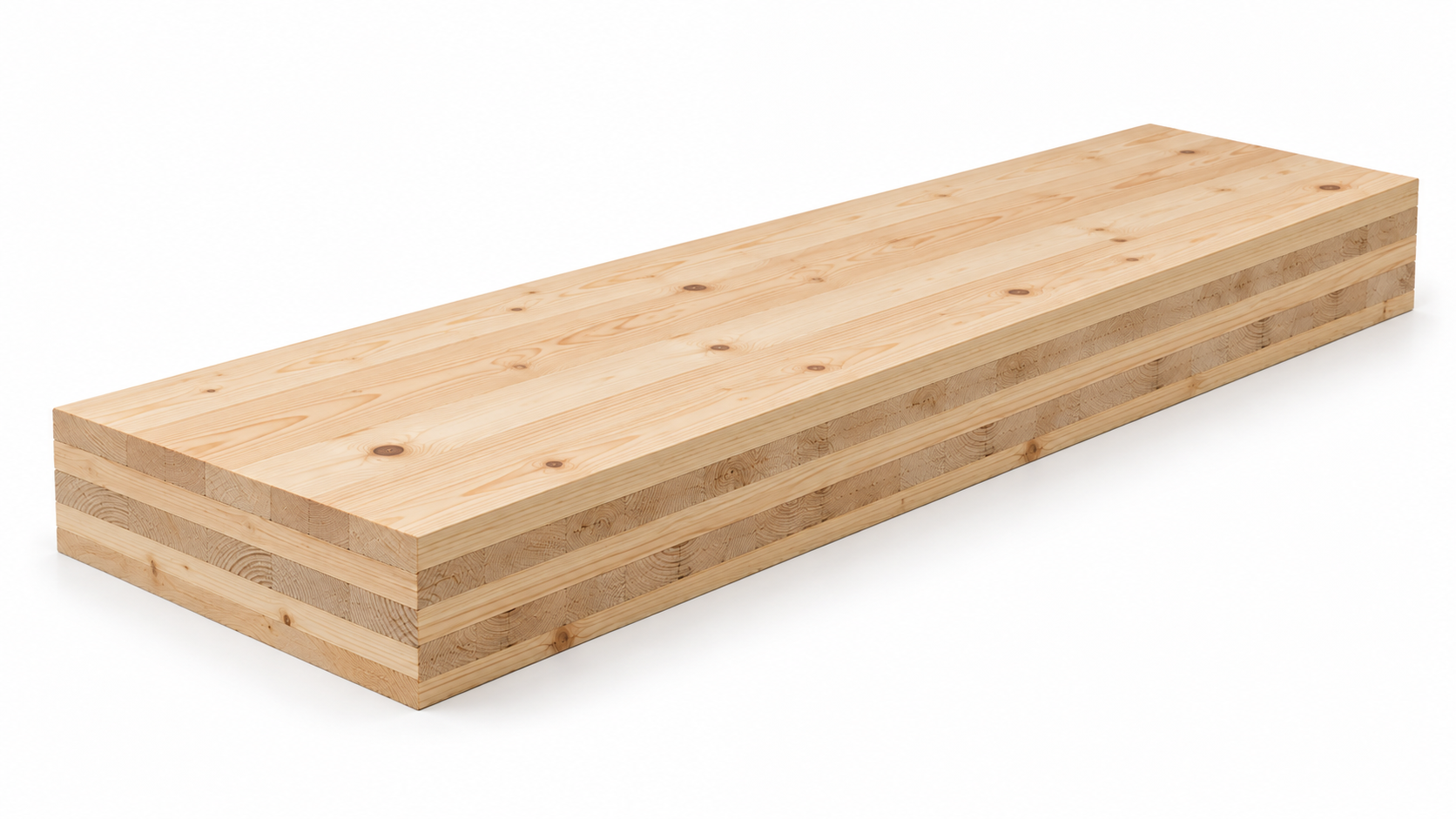 Reference image of a long CLT panel showing its cross-laminated layers