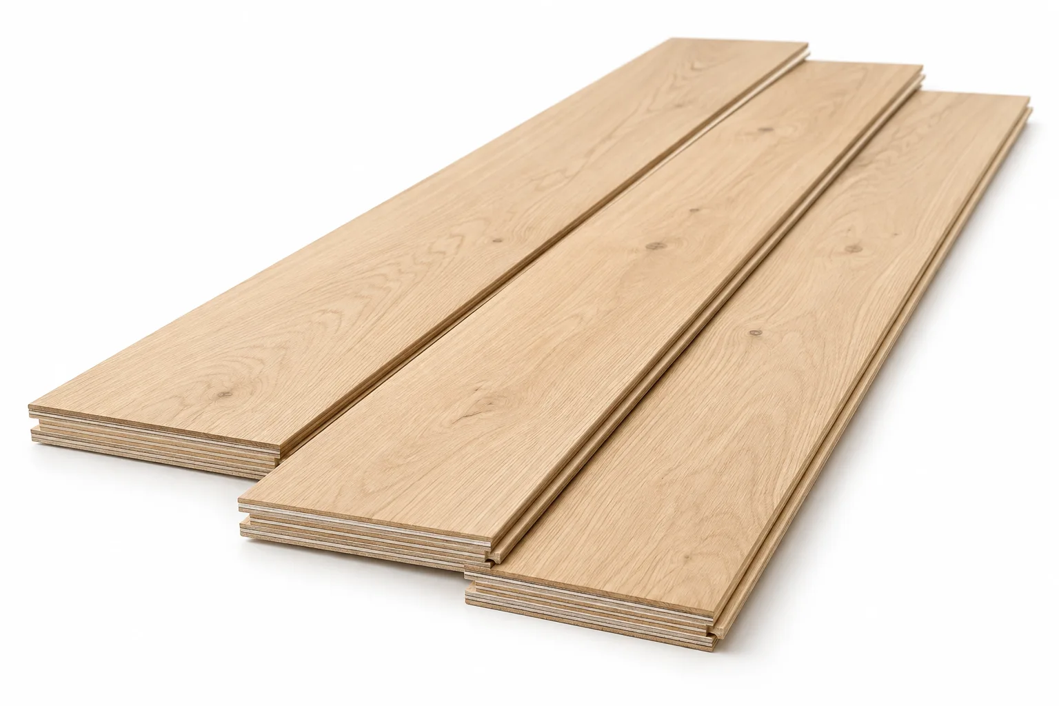 Engineered wood flooring samples showing the natural wood surface and layered core