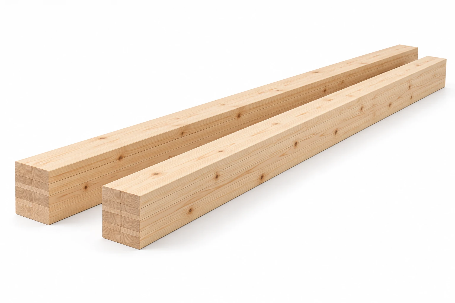 Two long Japanese glulam beams arranged diagonally against a white studio background